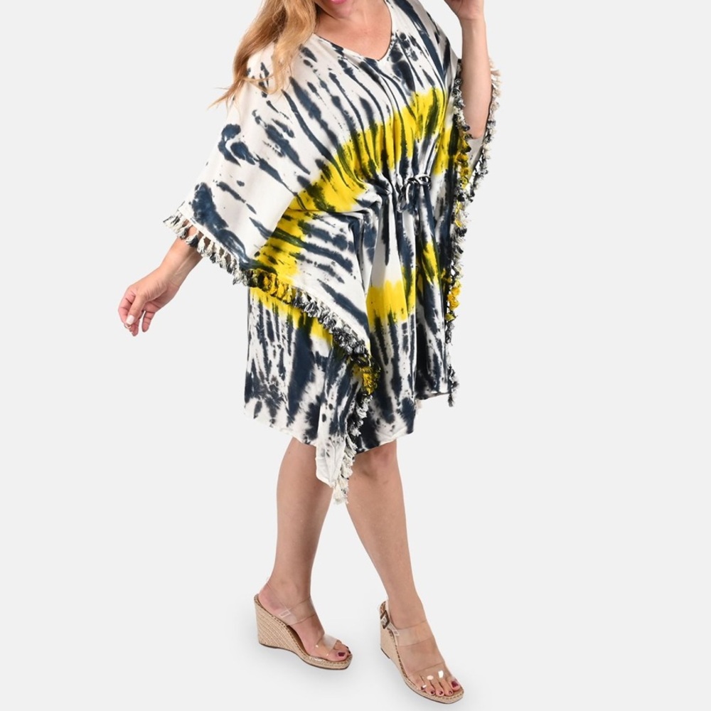 CARESS BLUE YELLOW TIE DYE W/ POCKETS S- 3XL SHORT LOUNGE COVERUP DRESS KAFTAN
